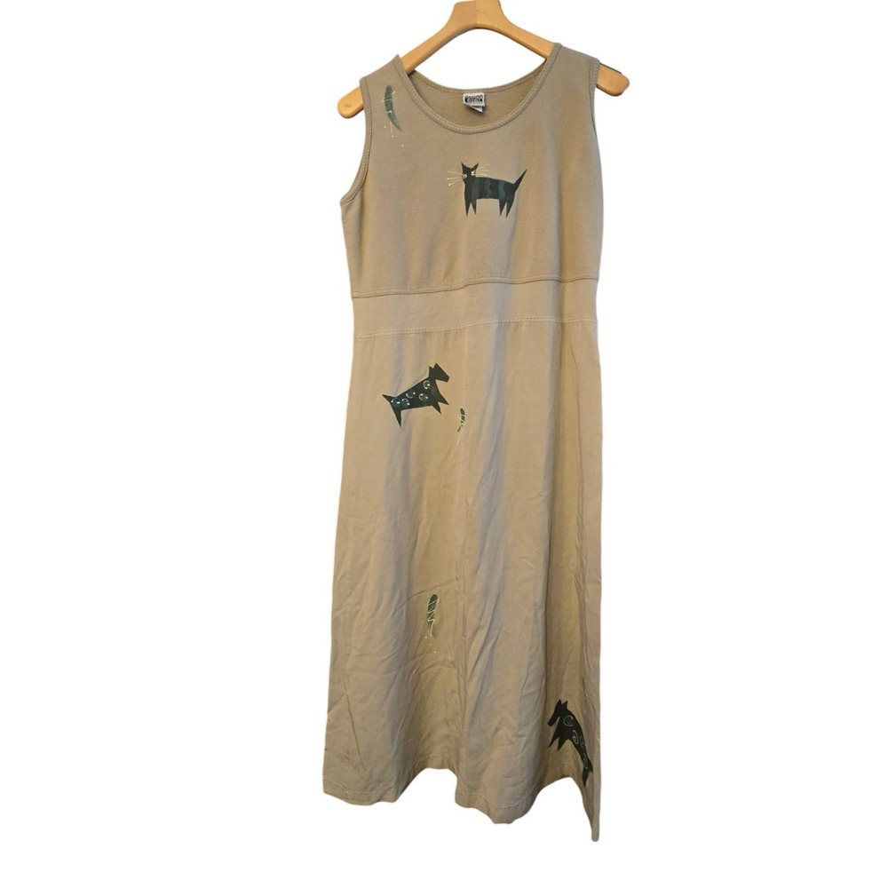 Action Gear Sportswear Hand Painted Cat Dress Tan Sleeveless Midi Made in USA